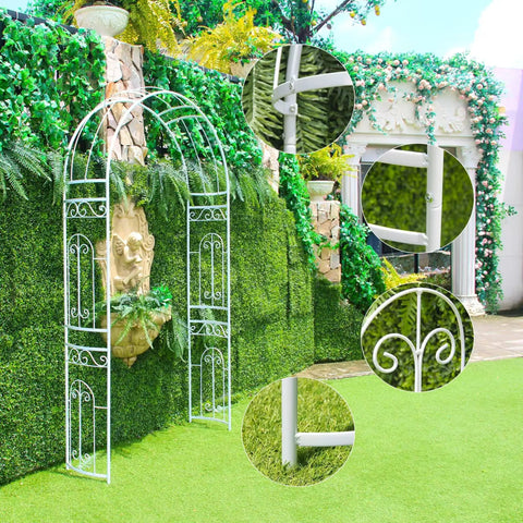 White Wedding Garden Arch Arbor With Curved Metal Archway For Climbing Plants Roses And Vines Backyard Patio Lawn Outdoor Ceremony Ready To Stand Up To Wind Heavy Duty Iron Frame With Powder Coating Anti Rust And Easy Setup showing intricate details.