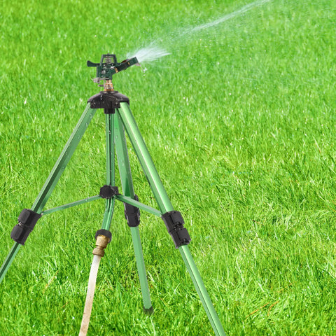 Green Zinc Alloy Water Bird Sprinkler With Heavy Duty Tripod Base For 360 Degree Coverage on grass