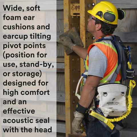 Worker wearing X Series Cap Style Hard Hat Attached Earmuffs With NRR 25 Decibel Hearing Protection for construction