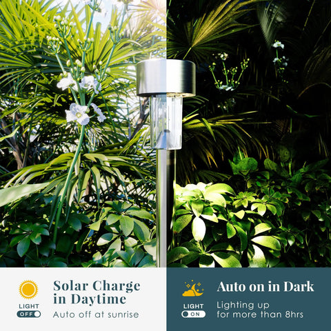 12 Pack Solar Pathway Lights Stainless Steel Outdoor LED Landscape Lights For Walkways Patios Lawns And Driveways IP55 Waterproof Easy Setup Cold White Glow All Weather No Fuss Maintenance Free, day and night view split, surrounded by plants.