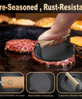 Pressing burger with All In One Flat Top Griddle Accessories Kit burger press, ergonomic handle, on griddle