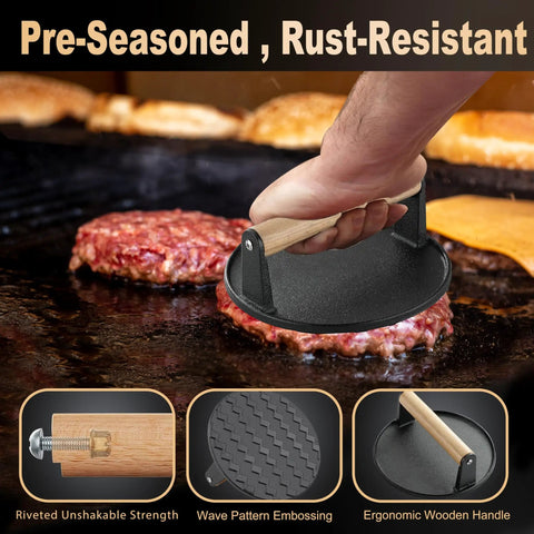 Pressing burger with All In One Flat Top Griddle Accessories Kit burger press, ergonomic handle, on griddle
