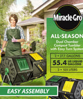 Dual Chamber Compost Tumbler With 2 Sliding Doors About 55 Gallons Total Easy Turn System in a backyard garden setting.