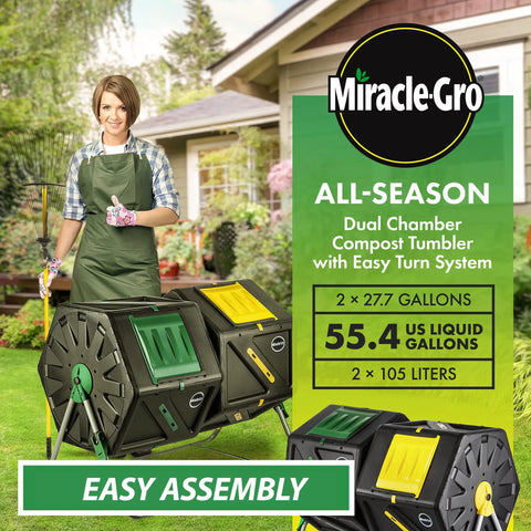 Dual Chamber Compost Tumbler With 2 Sliding Doors About 55 Gallons Total Easy Turn System in a backyard garden setting.