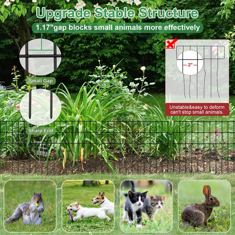 No Dig Garden Fence 27 Ft Long With 20 Panels 13 Inch High Rustproof Metal Stakes Outdoor Border Fence For Dogs Rabbits Ground Defense For Yard Patio All Weather shown installed in a garden setting with plants and small animals.
