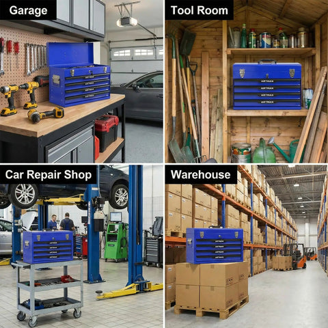 20 Inch Steel Portable Tool Box With Drawers Tool Storage Box Organizer in various work settings like garage and warehouse.