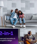 Couple on a couch in a stylish room with High Density Acoustic Wall Panels 12 Pack Sound Dampening 12 X 12 Inch Soundproof Tiles.