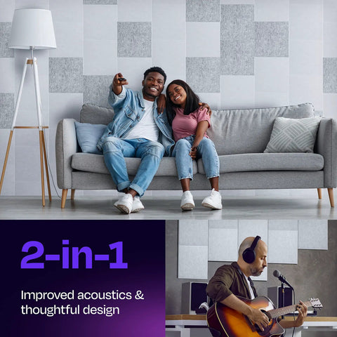 Couple on a couch in a stylish room with High Density Acoustic Wall Panels 12 Pack Sound Dampening 12 X 12 Inch Soundproof Tiles.