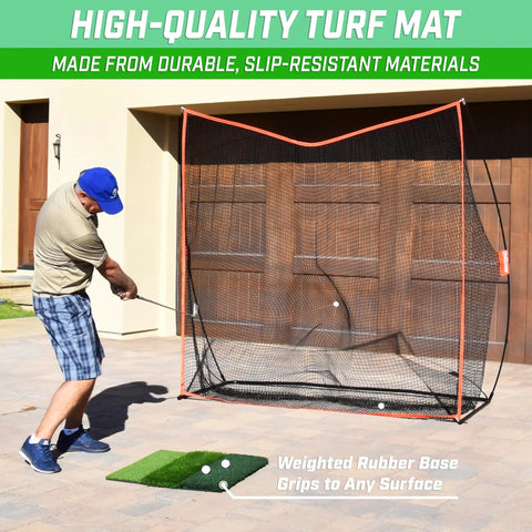 Golfer using Tri Turf XL Golf Hitting Mat 24x24 Inches for indoor and outdoor practice with net setup in backyard driveway