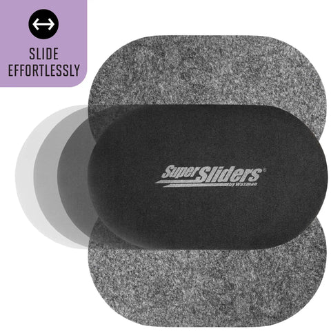 XL Oval Felt Furniture Sliders For Hard Surfaces Set Of 4 Reusable Anti Slip Moving Pads, gray with logo, for beds and sofas.