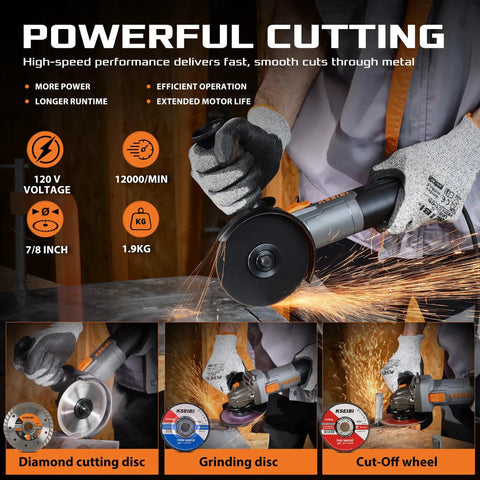 No Nonsense 4-1/2 Inch Angle Grinder 7 Amp 12000 Rpm Built Tough With Durable Housing And Turbo Rim Diamond Blade for smooth cutting.