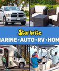 Collage showing truck, outdoor furniture, RV, and boat under 'Star Brite' logo with text 'Marine Auto RV Home'.