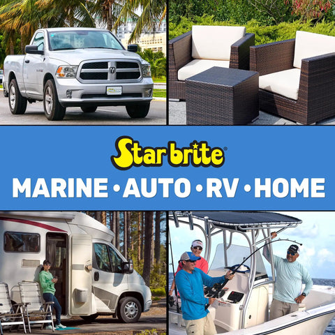 Collage showing truck, outdoor furniture, RV, and boat under 'Star Brite' logo with text 'Marine Auto RV Home'.
