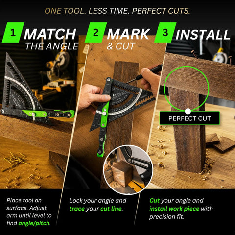 Precision Aluminum 7 Inch Rafter Square With Locking Pivot Arm And Angle Finder featuring three level vials for accurate cuts.