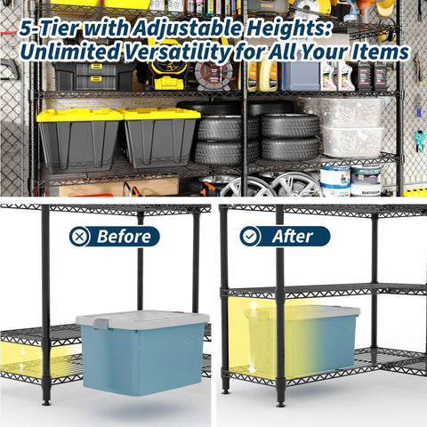 Heavy Duty Metal Shelving Rack With Five Layers And Mega Capacity To Store Kitchen Gear Power Tools And Pantry Supplies Without Breaking A Sweat 59 Inches Wide, adjustable height for versatile storage.