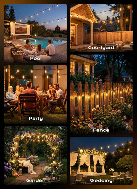 Various settings with 100Ft Outdoor String Lights With Remote Dimmable And Connectable Warm White LED Patio Lighting For Backyard Porch Deck Or Balcony Weatherproof Shatterproof Bulbs Three Modes And Memory Function Totally Lit, including pool, courtyard, party, fence, garden, and wedding.
