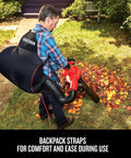 Person using 3-In-1 Leaf Blower Vacuum Mulcher With Backpack Design For Yard Cleanup, Corded Electric Power, Up To 260 MPH And 450 CFM, 12 Amp.