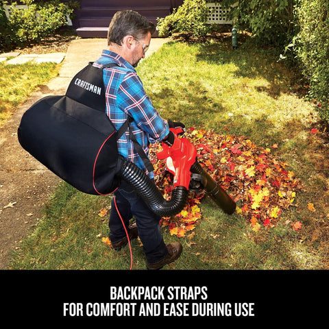 Person using 3-In-1 Leaf Blower Vacuum Mulcher With Backpack Design For Yard Cleanup, Corded Electric Power, Up To 260 MPH And 450 CFM, 12 Amp.