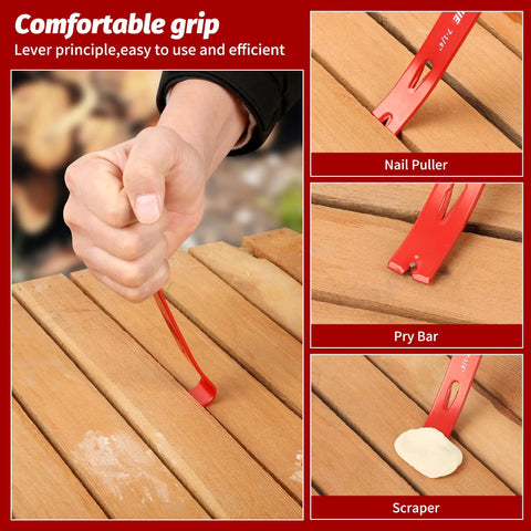 Hand using a Three-Piece Mini Flat Pry Bar Set with nail puller and scraper on wooden surface for beekeeping and woodworking.