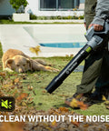 Person using Cordless Leaf Blower With Swivel Head 550 CFM 150 MPH, Includes Two 4.0Ah Batteries And Charger near a dog