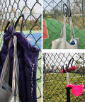 6 Pack Adjustable Chain Link Fence Hooks holding bags and tools on a chain link fence in an outdoor setting