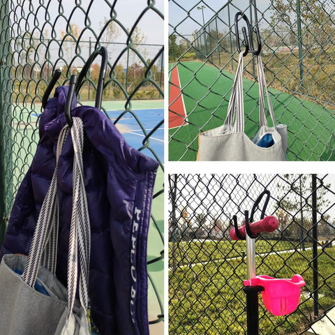 6 Pack Adjustable Chain Link Fence Hooks holding bags and tools on a chain link fence in an outdoor setting