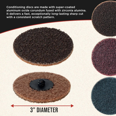 46 Piece 3 Inch Sanding Discs Variety Pack with Coarse Medium Fine Grits Quick Change Backing Pad shown in multiple colors.