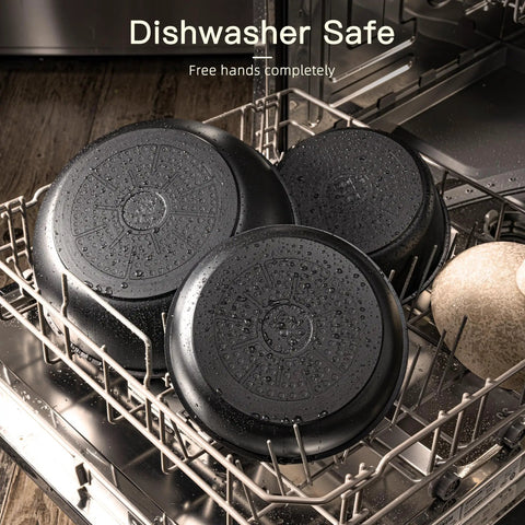 21 Piece Nonstick Ceramic Pots And Pans Set With Detachable Handles shown dishwasher safe
