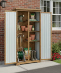 Weatherproof Outdoor Storage Cabinet With Adjustable Shelves open showing gardening tools and pots on patio