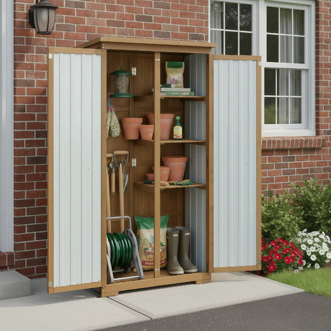 Weatherproof Outdoor Storage Cabinet With Adjustable Shelves open showing gardening tools and pots on patio