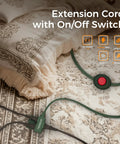 Foot Pedal Switch Extension Cord With On Off Switch, 3 Outlets, 10 Foot Length, 1250W Max Power on beige carpet near bed