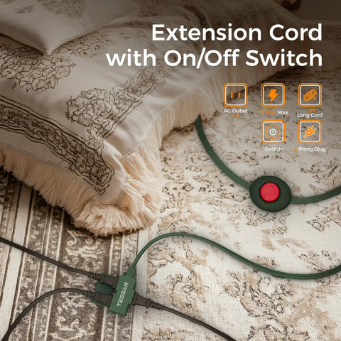 Foot Pedal Switch Extension Cord With On Off Switch, 3 Outlets, 10 Foot Length, 1250W Max Power on beige carpet near bed