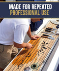 Person using Reefing Hook For Boat Caulk Removal, Precision Sealant Remover Before Recaulking, Slim 0.1 Inch Blade on teak deck.