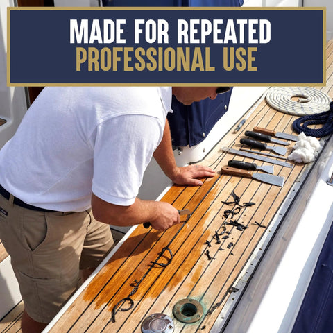 Person using Reefing Hook For Boat Caulk Removal, Precision Sealant Remover Before Recaulking, Slim 0.1 Inch Blade on teak deck.