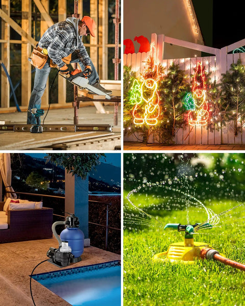 Outdoor Weatherproof Electrical Box With Waterproof Cord Protector used for tools, holiday lights, pool pump, and sprinkler system.