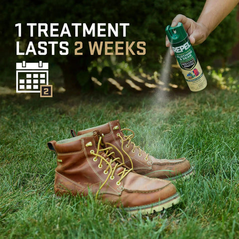 Hand applying Permethrin Clothing And Gear Insect Repellent Spray For Nets Tents Sleeping Bags And Backpacks 6.5 Ounce Aerosol on boots