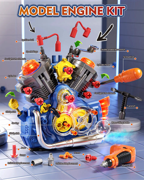 Engine Building Kit For Kids Mechanic Toys Motorcycle Engine Model With Real Light And Music, components laid out with drill and screwdriver
