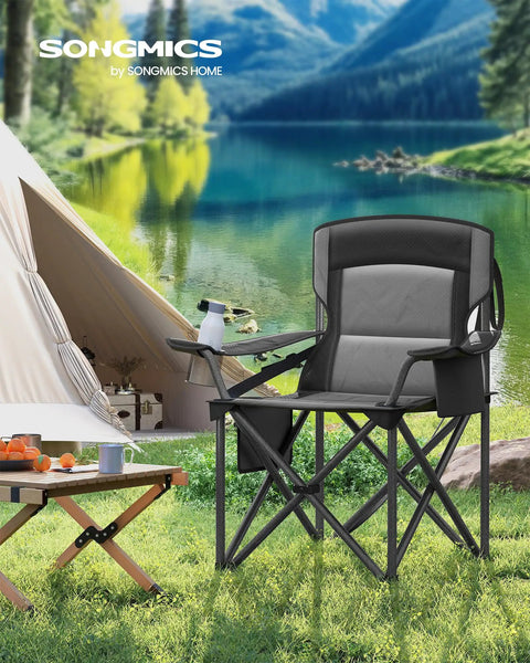 Oversized Camping Chair With Cup Holder And Cooler Bag Heavy Duty Folding Lawn Seat with tent and lake backdrop
