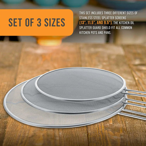 Three Sizes Stainless Steel Splatter Screen Set With Resting Feet 13 Inch 11.5 Inch And 9.5 Inch Fine Mesh Grease Guard