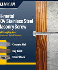 Bi Metal Masonry Screws Stainless 304 Self Tapping Size 14 X 1 5/8 Inch Hex Head Hardened Tip in wood and concrete