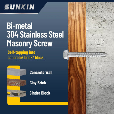Bi Metal Masonry Screws Stainless 304 Self Tapping Size 14 X 1 5/8 Inch Hex Head Hardened Tip in wood and concrete