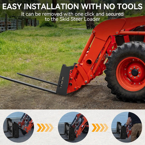 Heavy Duty 2500 Lbs Skid Steer Pallet Forks 42 Inch Frame Attachments on Kubota tractor demonstrating installation