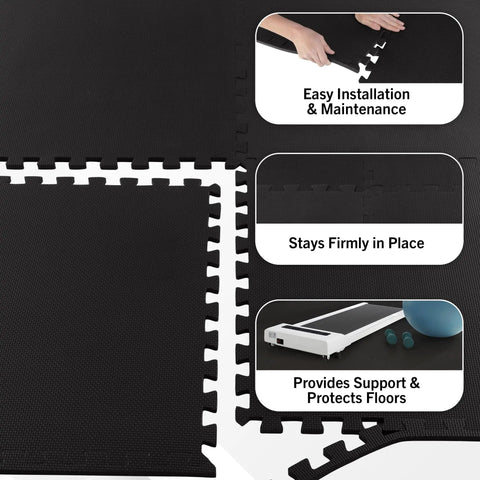 Image of Six Piece EVA Foam Floor Tile Set With Interlocking Pads 24 Sq Ft Coverage For Garage Home Gym Or Kids Playroom Durable Black Puzzle Mats