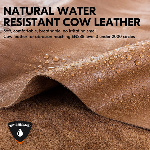 Close-up of natural water-resistant cow leather with droplets, used in Leather Heavy Duty Work Gloves For Mechanics And DIY Pros.