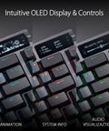 Legit Compact Wireless Mechanical Keyboard For Gaming Featuring Tri Mode Connectivity Hot Swappable Clicky Switches Snappy PBT Keycaps Custom RGB Backlight And Clever Oled Panel For Pc Or Mac Setup displaying OLED screen with animations and system info.