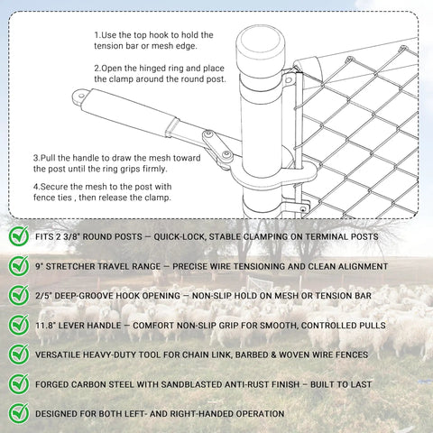 Heavy Duty Fence Stretcher Tool For Chain Link Fabric Upgraded One Person Operation Fence Puller With Nine Inch Pull Range Fits 2 3 Eighths Inch OD Posts 1 Pack Easy Hang Align And Light Tension with usage instructions overlaid.