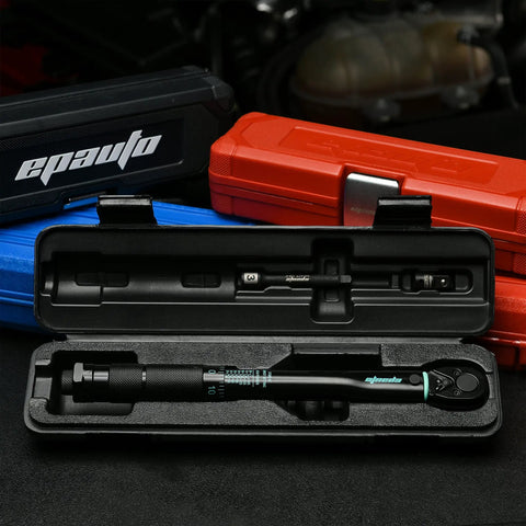 Click Torque Wrench With One Quarter Inch Drive, 20 To 200 Inch Pounds in storage case with durable chrome vanadium, knurled grip