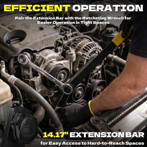 Person using the Serpentine Belt Tool Kit With Ratcheting Wrench, Sockets, Crowfoot Wrenches And Adapters on a car engine