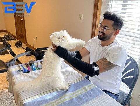 Person wearing Double Layer Kevlar Arm Protection Sleeves With Thumb Hole Built For Tough Jobs And Cut Scratch Heat Stab Bite Resistant Unisex 18 Inch Black Arm Guards 1 Pair For Heavy Duty Work while grooming a white cat indoors.