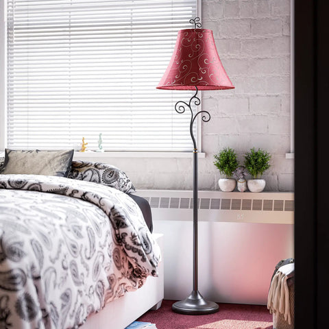Richardson Floor Lamp With Bronze Finish In Casual Gothic Style, 61 In Tall, 17 In Wide And 17 In Deep, Red Bell Shade With Gold Stitch Accents